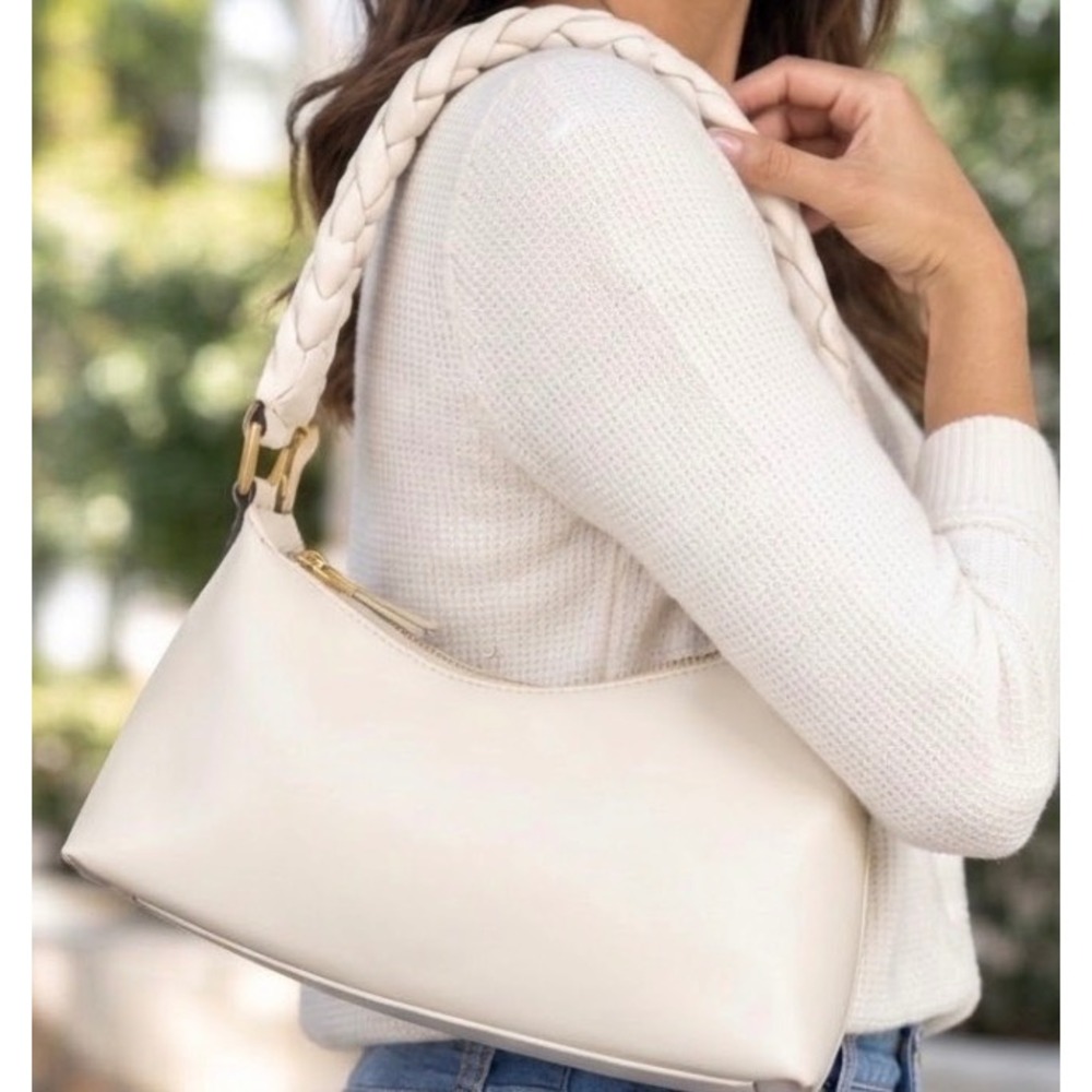 Madison‎ West Cream Vegan Leather Braided Handle Baguette Shoulder Bag purse
